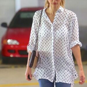 MiH Women's White and Blue Hockney Fleur de lys  Button Down Shirt XS